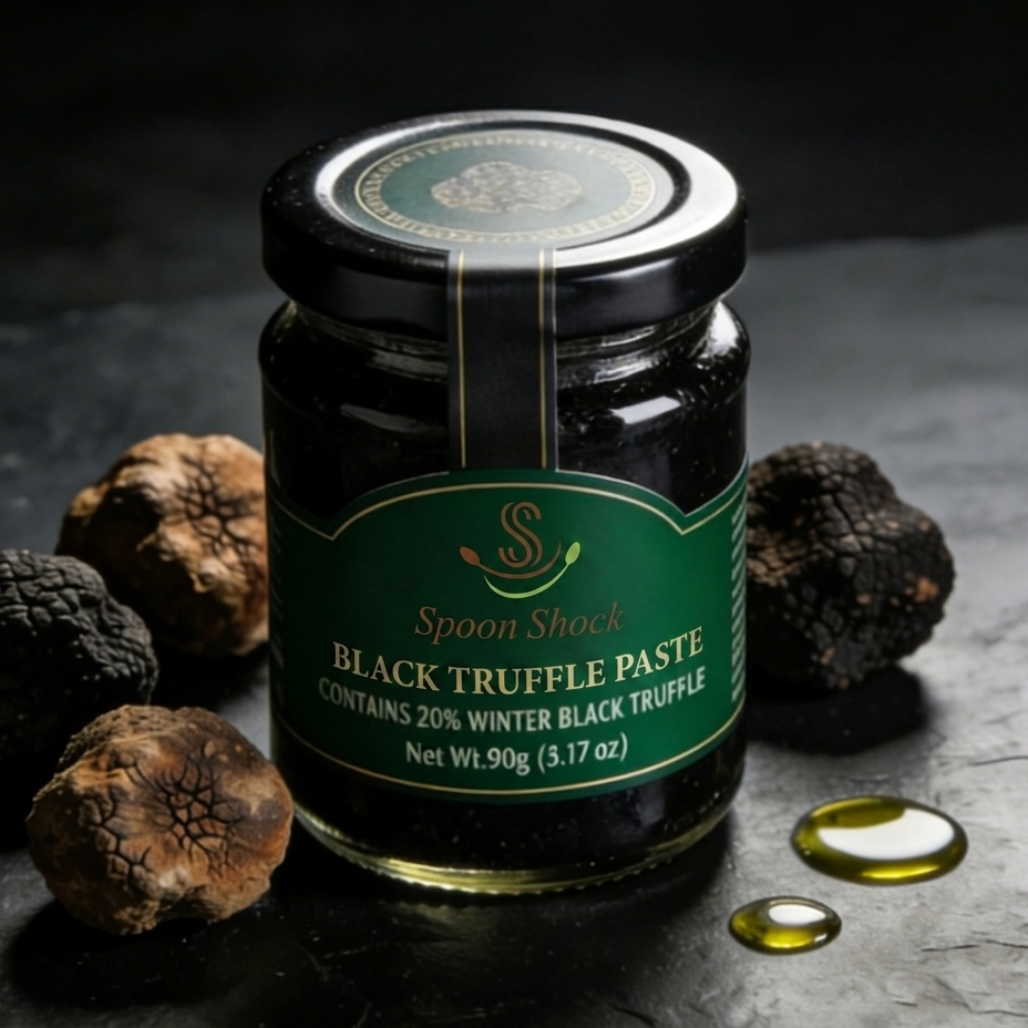 Jar of Spoon Shock Black Truffle Paste with truffles and oil on a dark surface